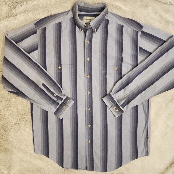 Vintage Eddie Bauer Shirt Men Size XL Blue Denim Striped 100% Cotton Hong Kong - Picture 1 of 6
